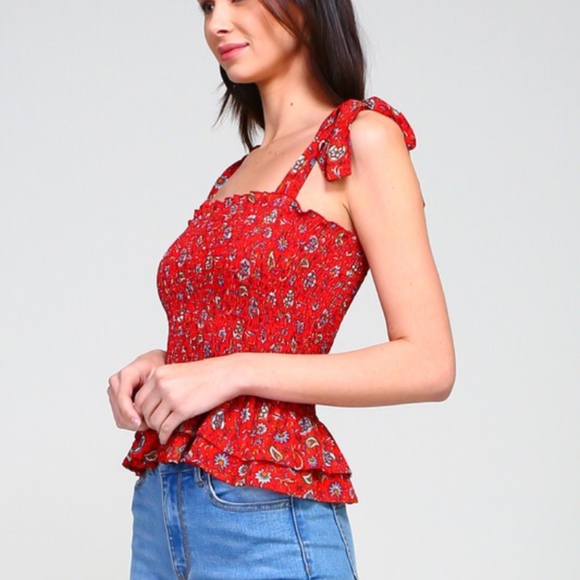 Brass Key Btq Tops - {host pick} ALICE floral red peplum smocked top